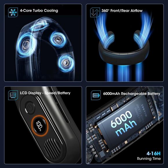 🔥Rechargeable 4 Turbo 6000mAh Portable Neck Fan 360 Cooling 3 Speed BNWT🔥 - Picture 3 of 6